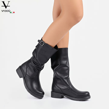 Botte BIKER en Cuir Véritable Noir