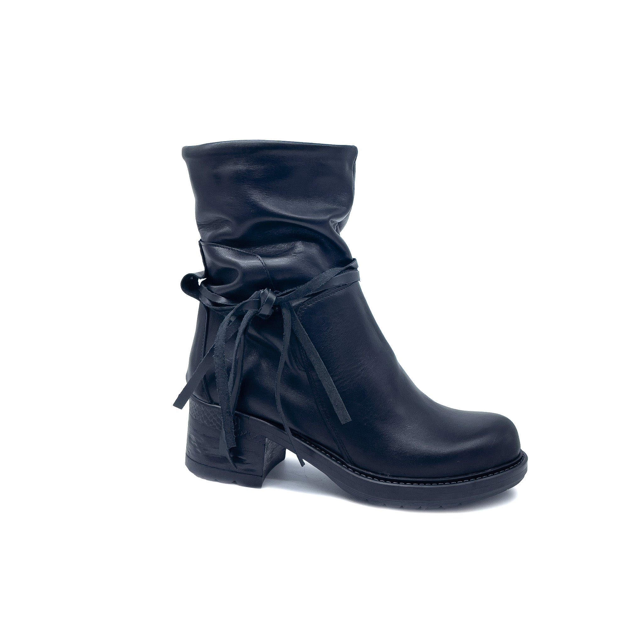 PARIS Stivaletto donna in VERA PELLE NERO con tacco e laccetti in pelle