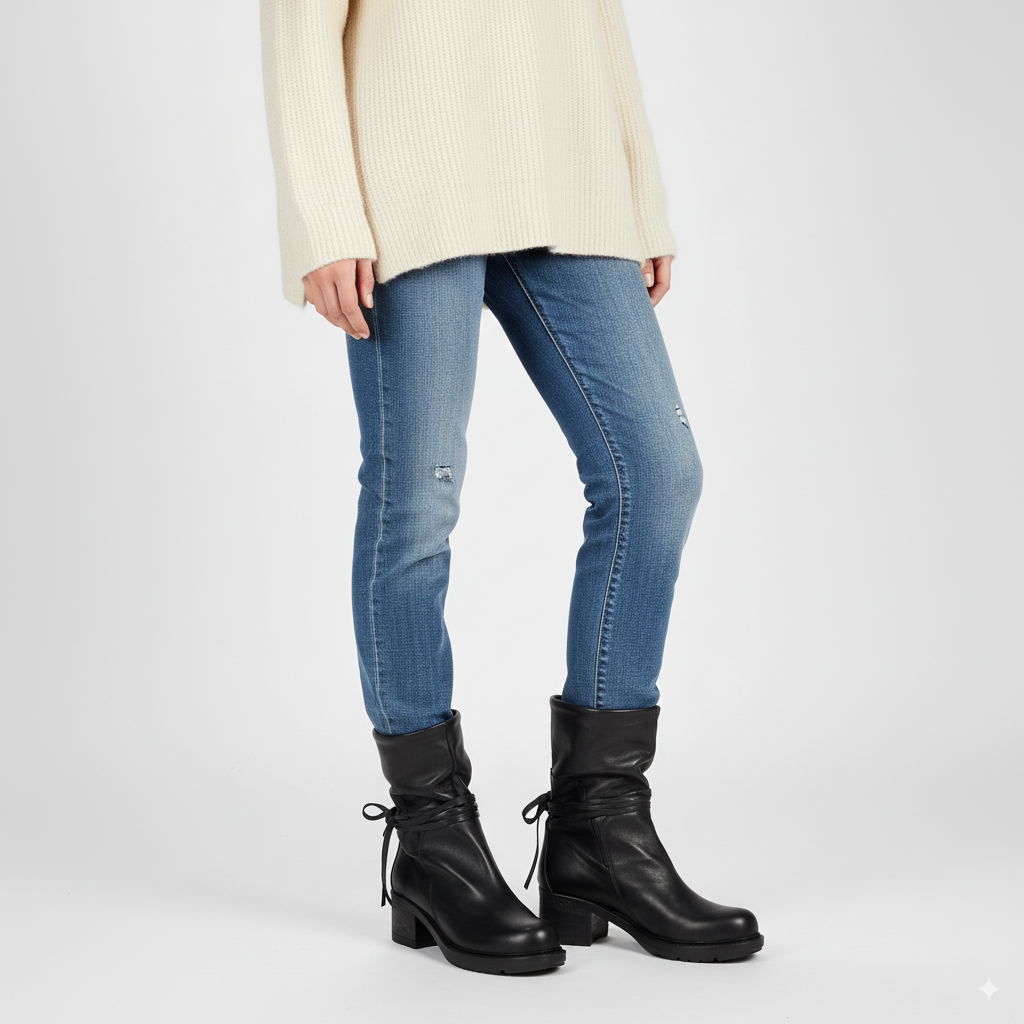 PARIS Stivaletto donna in VERA PELLE NERO con tacco e laccetti in pelle