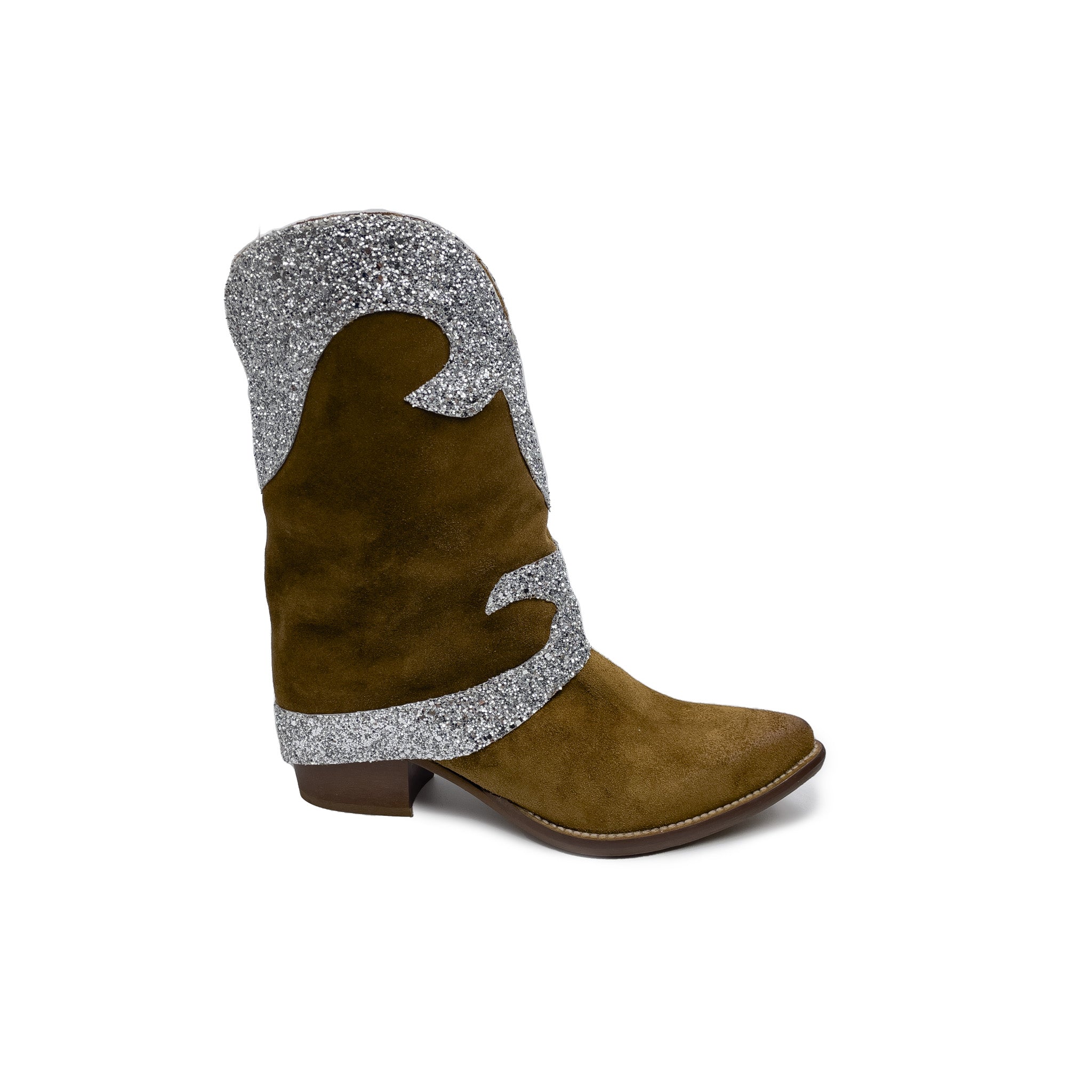 Bottine GAITER Camperos en cuir suédé avec déchirure. Paillettes argentées