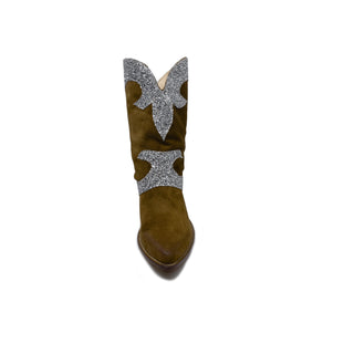 GHETTA Stivaletto Camperos in Camoscio Cuoio con Rip. Glitter Argento