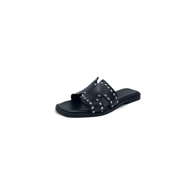 HELENA Sandali a Ciabatta ad H con borchie In Vera Pelle Nero Donna