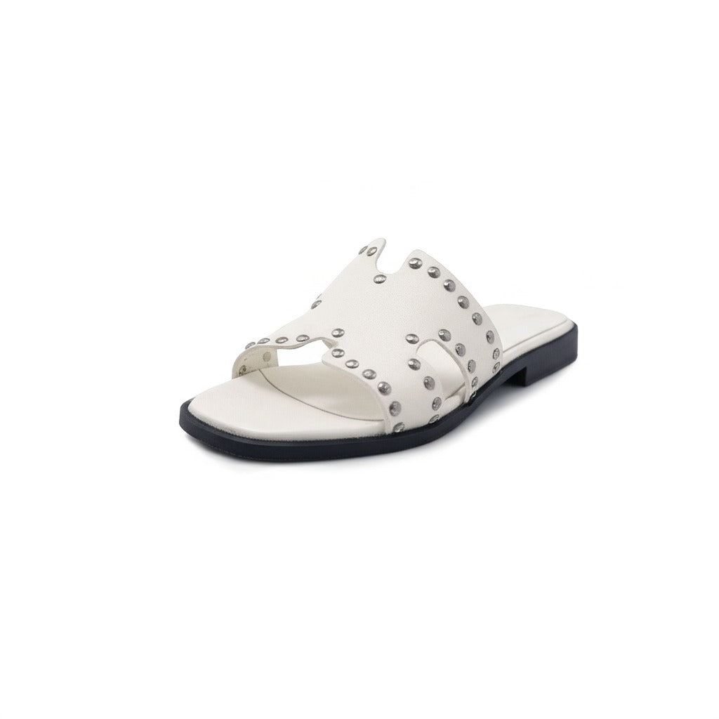 HELENA Sandali a Ciabatta ad H con borchie In Vera Pelle bianco Donna