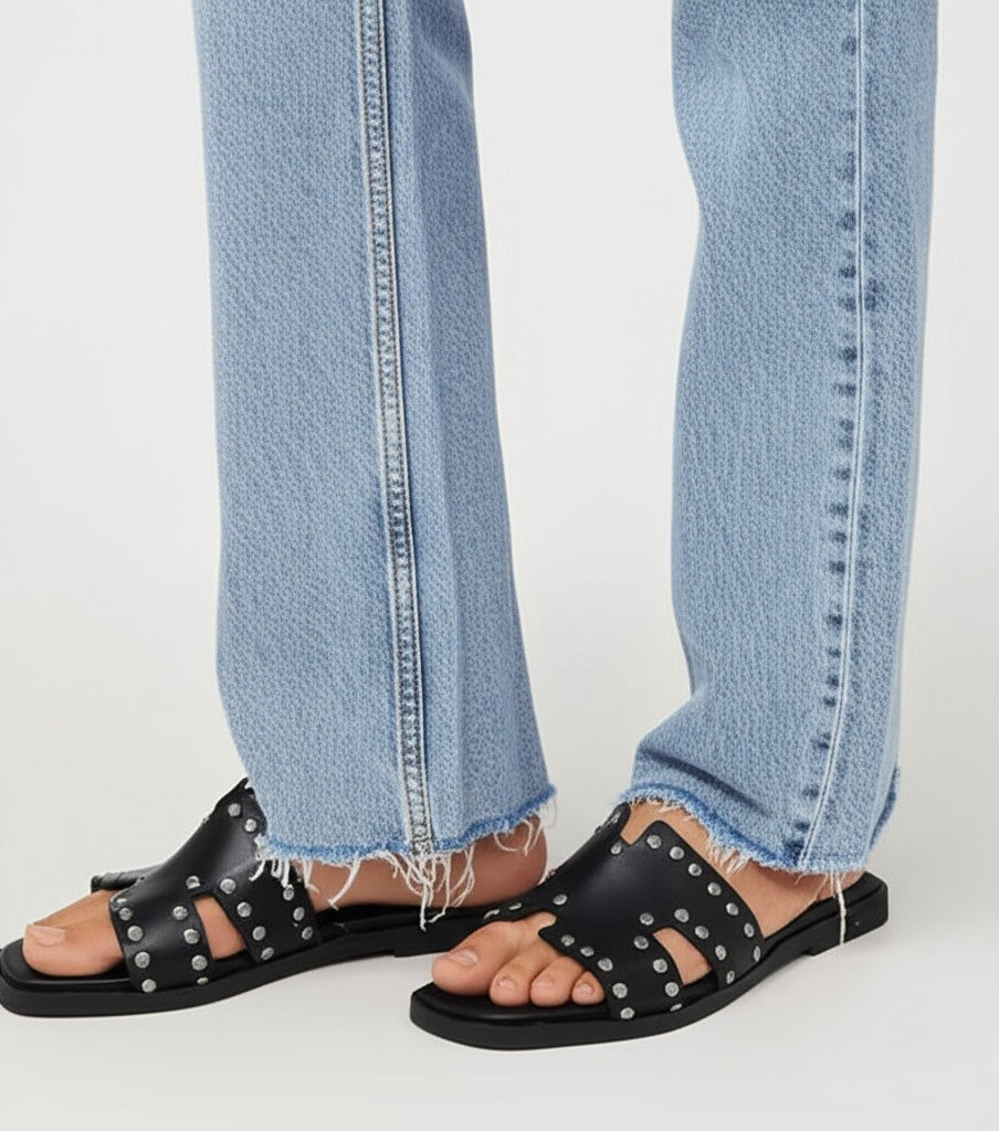 HELENA Sandali a Ciabatta ad H con borchie In Vera Pelle Nero Donna