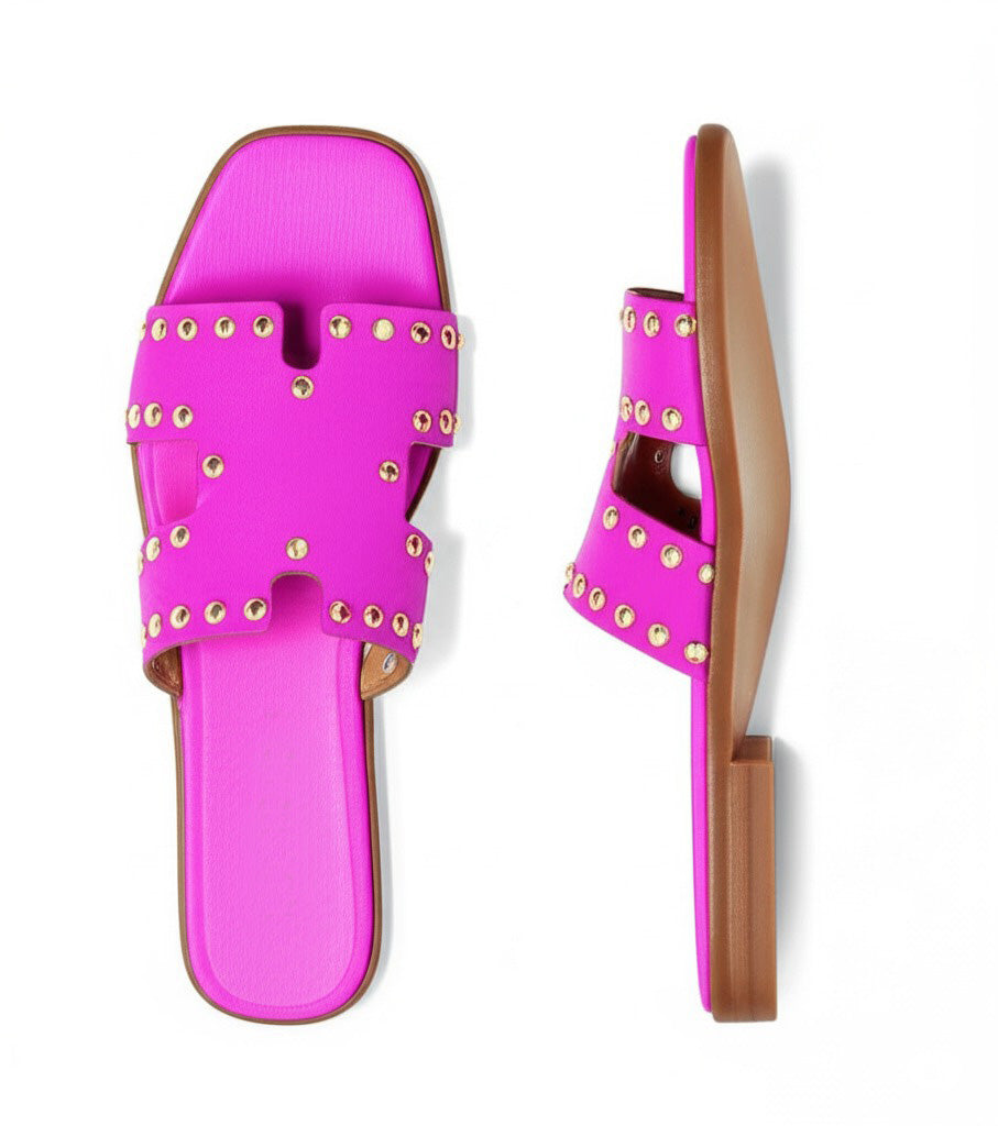HELENA Sandali a Ciabatta ad H Donna con borchie In Vera Pelle FUCSIA