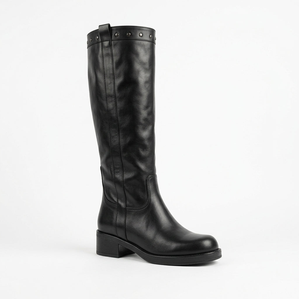Vyjoù Stivali Alti Donna in Pelle Nera Punta Quadrata Tacco Largo Basso con Borchie - Lavorazione artigianale Made in Italy