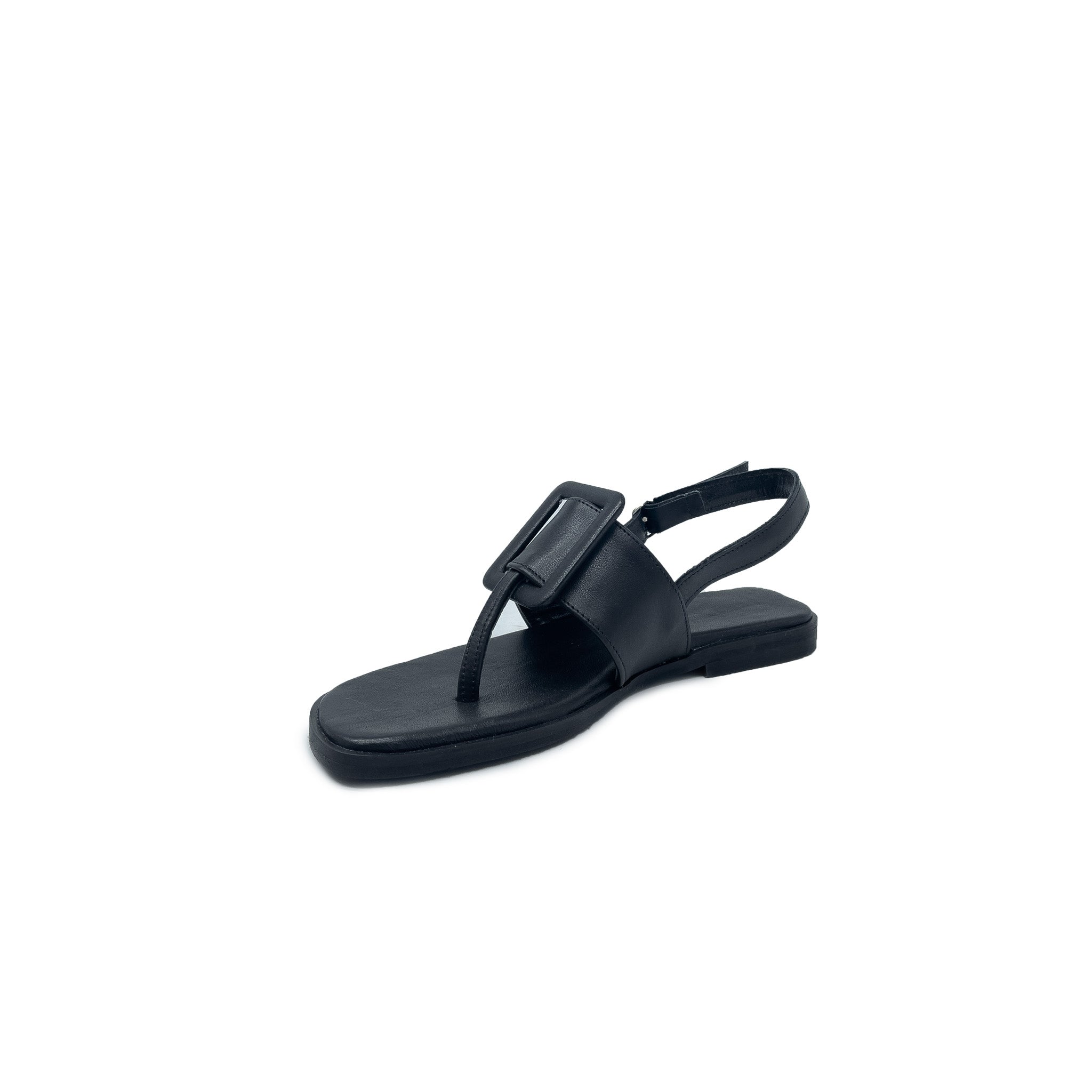 KIMBERLY Sandali Ciabatta ad infradito con fibbia In Vera Pelle Nero Donna