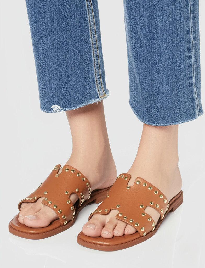 HELENA Sandali a Ciabatta ad H con borchie In Vera Pelle cuoio Donna